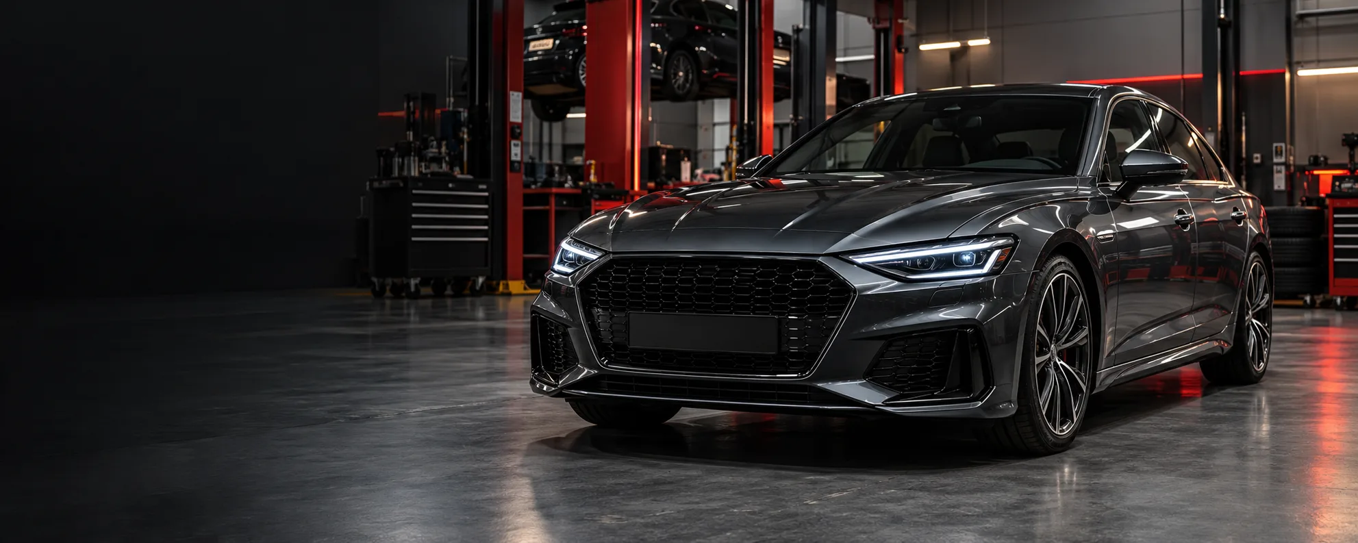 Sedã moderno em oficina mecânica equipada para revisão automotiva
