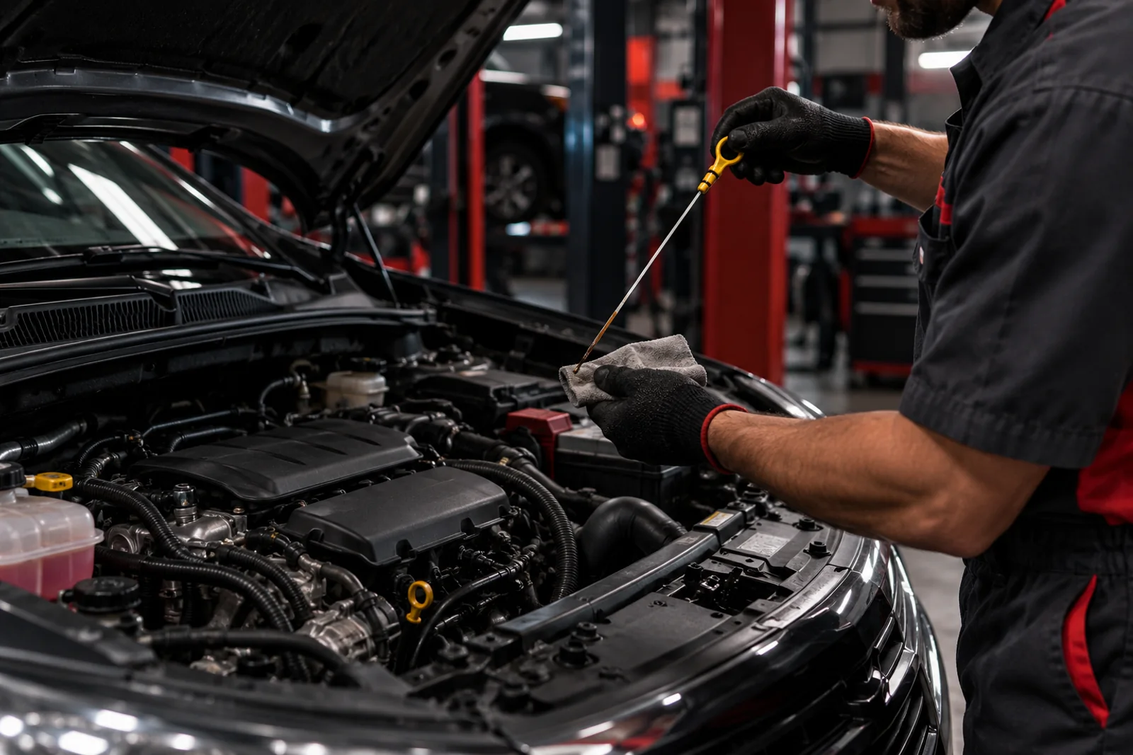 Mecânico verificando o óleo do motor durante manutenção preventiva